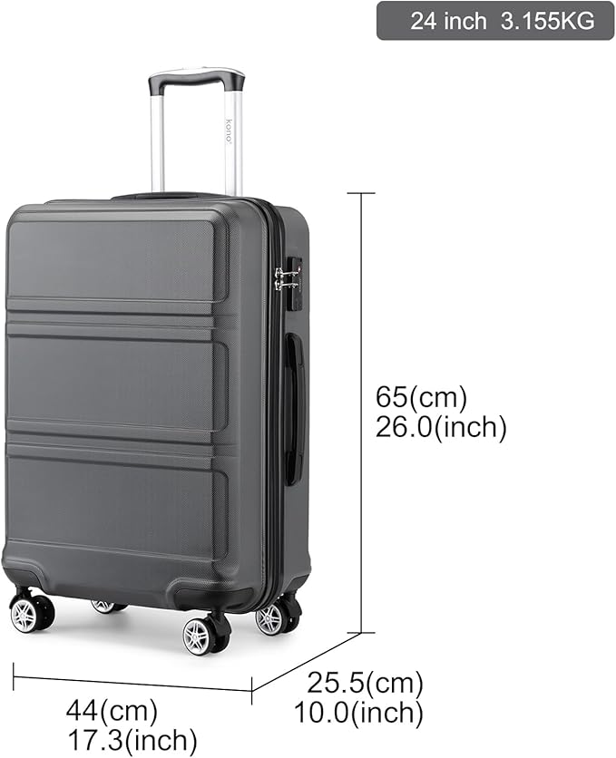 Kono 24 Inch Luggage Suitcase Lightweight with Spinner Wheels TSA Lock Hardside Medium Checked Luggage Durable Rolling Suitcase Grey