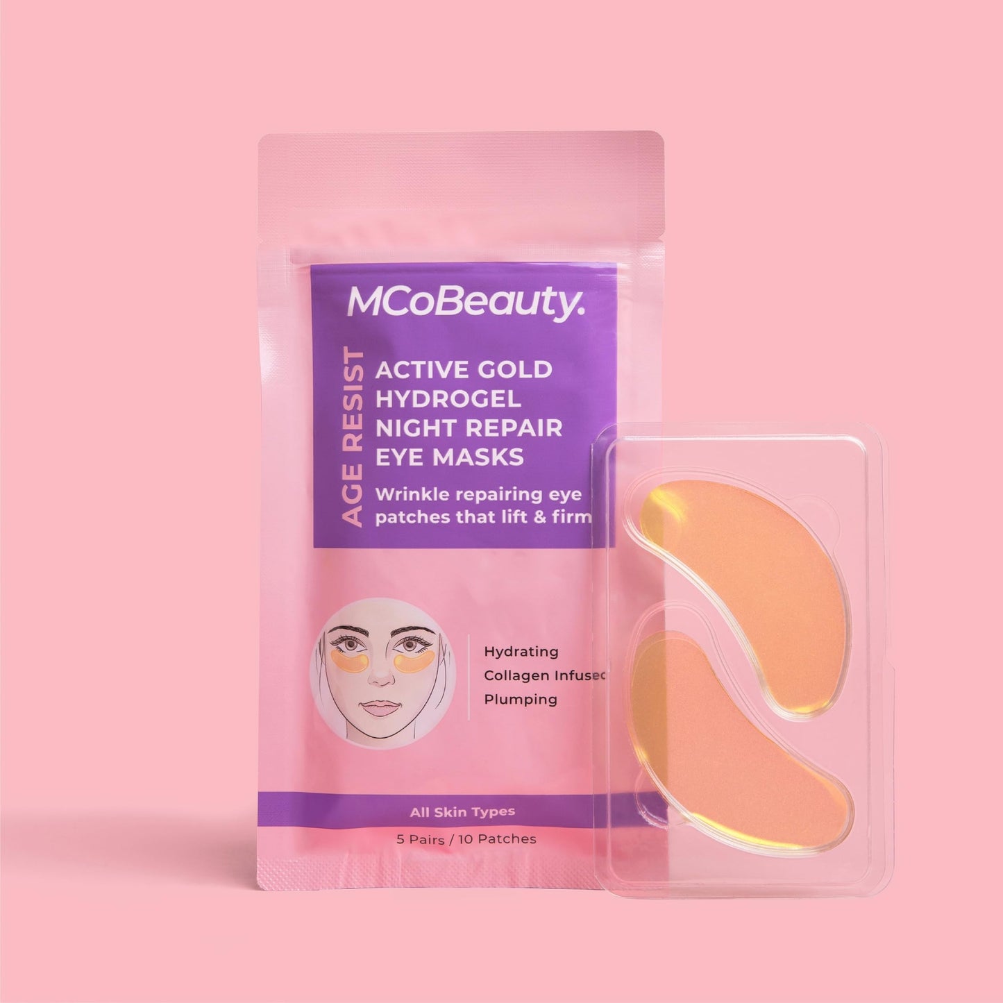 MCoBeauty Age Resist Active Gold Hydrogel Night Repair Eye Patches, Brightening & De-Puffing, with Collagen and Hyaluronic Acid, Vegan, Cruelty Free Cosmetics