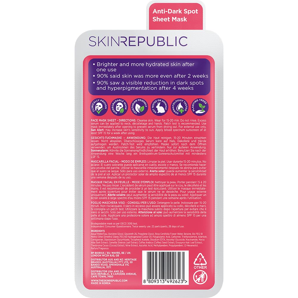 Skin Republic Vitamin C Brightening Sheet Mask Proven to Brighten and Hydrate After One Use. Made in Korea.