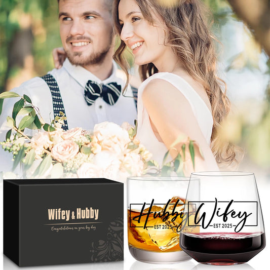 comfit Wedding Gifts for Couples,Hubby & Wifey EST 2025 Wedding Glass Set,Bridal Shower Gifts for Bride and Groom, Newly-Married Anniversary for Him/Her,Mr and Mrs Gift