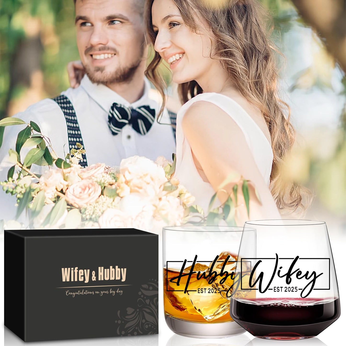 comfit Wedding Gifts for Couples,Hubby & Wifey EST 2025 Wedding Glass Set,Bridal Shower Gifts for Bride and Groom, Newly-Married Anniversary for Him/Her,Mr and Mrs Gift
