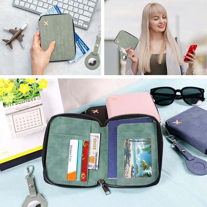Cnycmy Passport Holder with Airtag,Passport-Wallet-Holder for Women, RFID Passport Holder with Slot Waterproof, PU Leather Travel Passport Case (Green3)