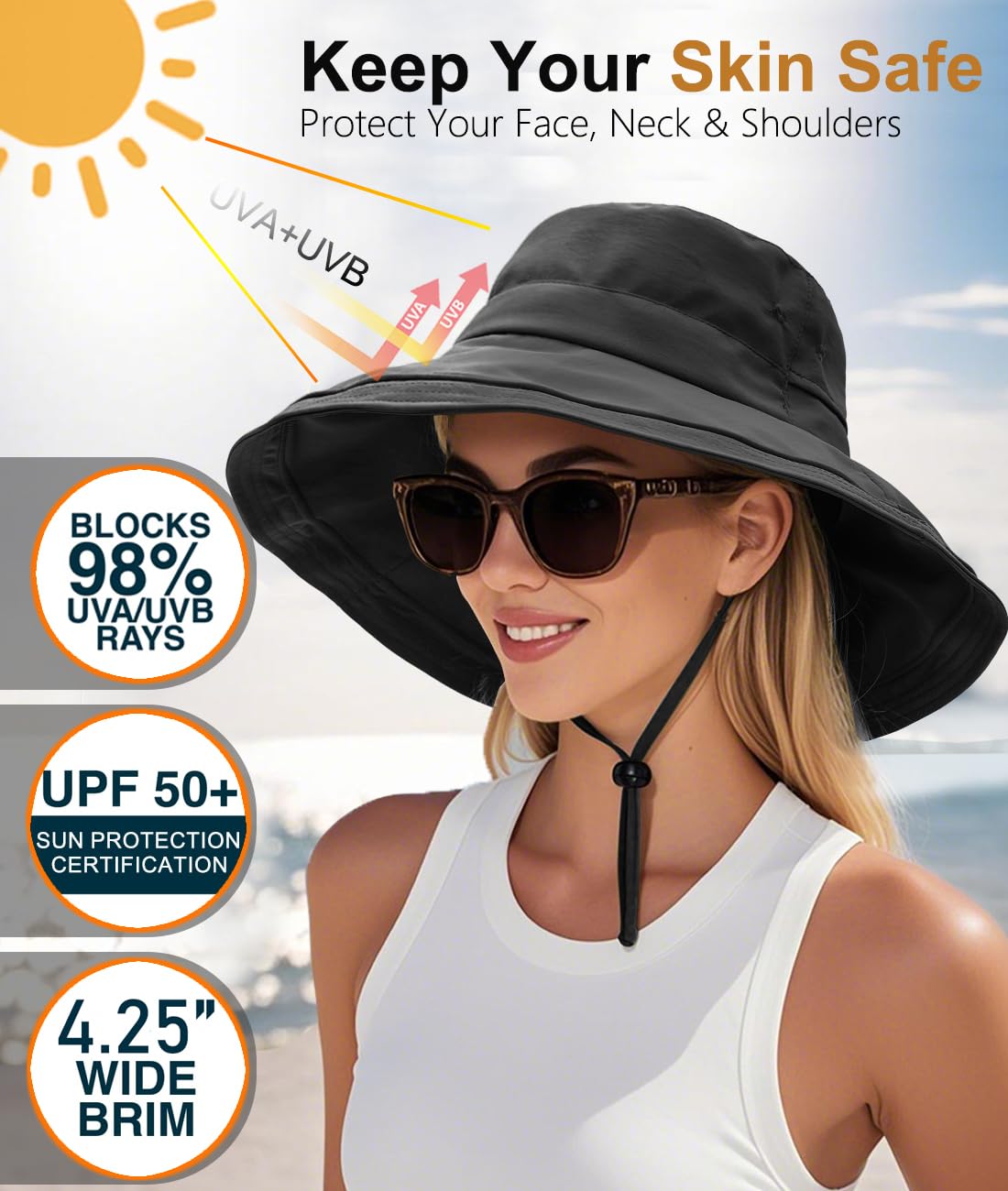 Sun Hats for Women, Wide Brim Waterproof Bucket Hat, Summer Beach Packable Ponytail Hat,UPF 50+ UV Protection Black