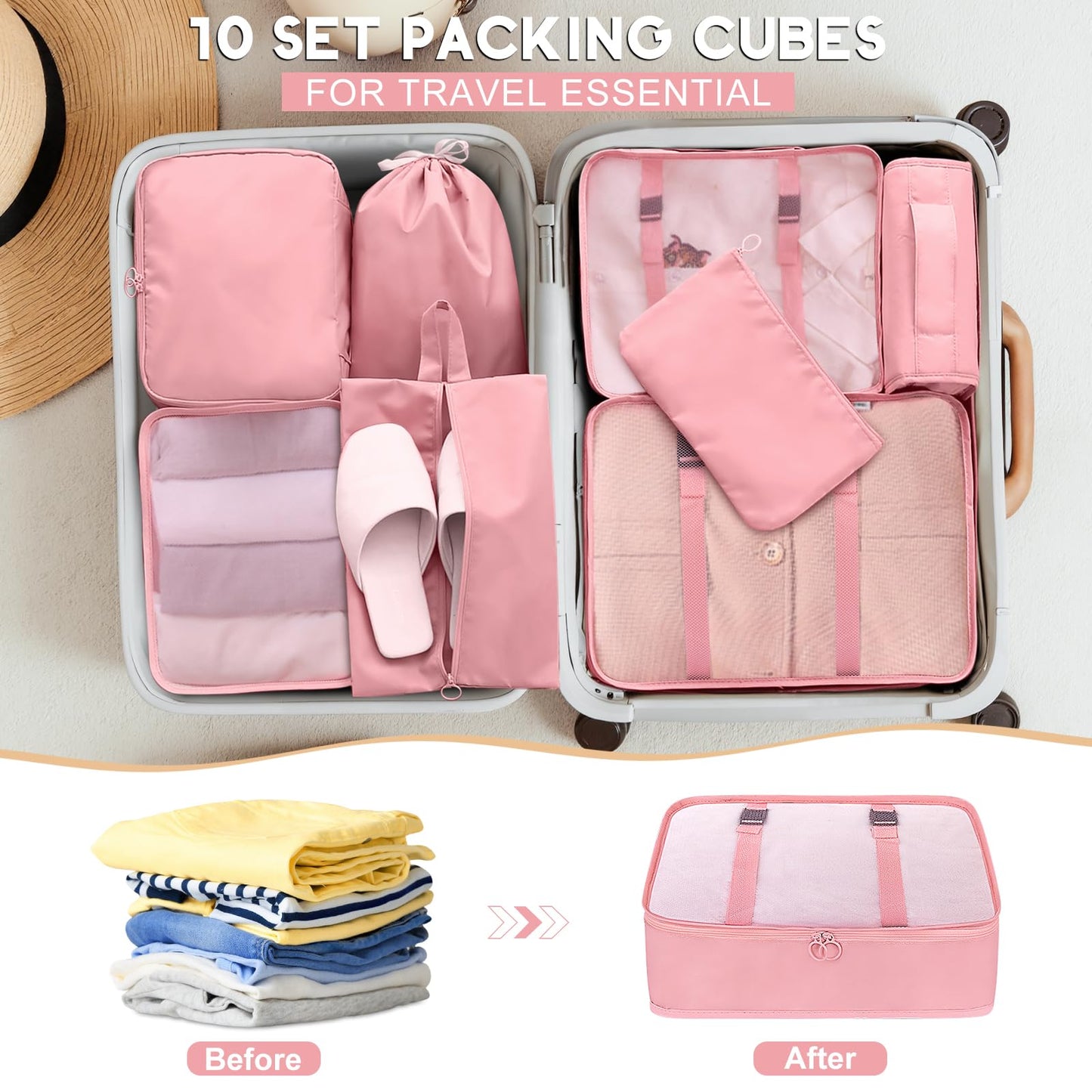 10 Set Packing Cubes for Travel, Travel Packing Cubes with Hanging Toiletry Bag and Shoe Bag, Suitcase Luggage Organizer Bags for Travel Essentials Women Men (Pink)