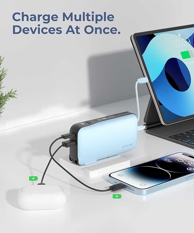 1 Pack Portable Charger with Built-in USB-C Cable & Plug, 10,000mAh 5V/4.5A Power Bank Fast Charging 22.5W, Travel Essential Battery Pack 3 Output for iPhone 16/15 Series, Samsung Galaxy, iPad