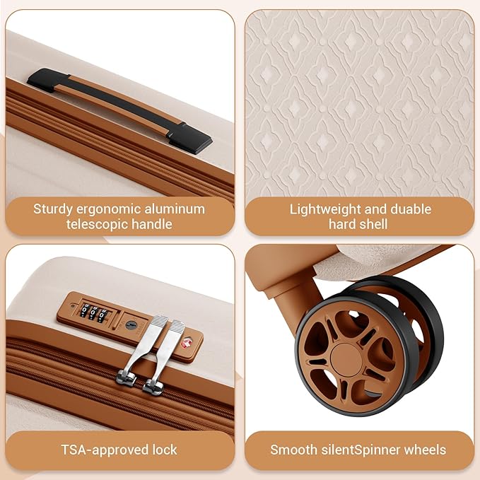 Kono Expandable 24 Inch Hard Shell Travel Luggage, Large capacity for easy travel, Hidden Cup Holder & TSA Lock Lightweight Suitcase - Cream/Brown