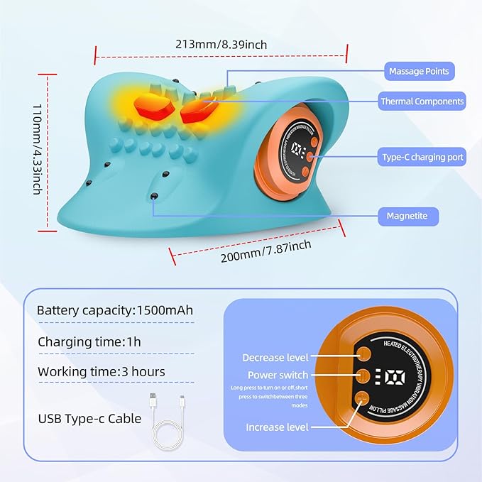Neck Massager Pillow, Portable Neck Stretcher with Heat, 3 Adjustable Modes for Deep Tissue Pain Relief, 26° Angle Cervical Traction Device for Shoulder, Back