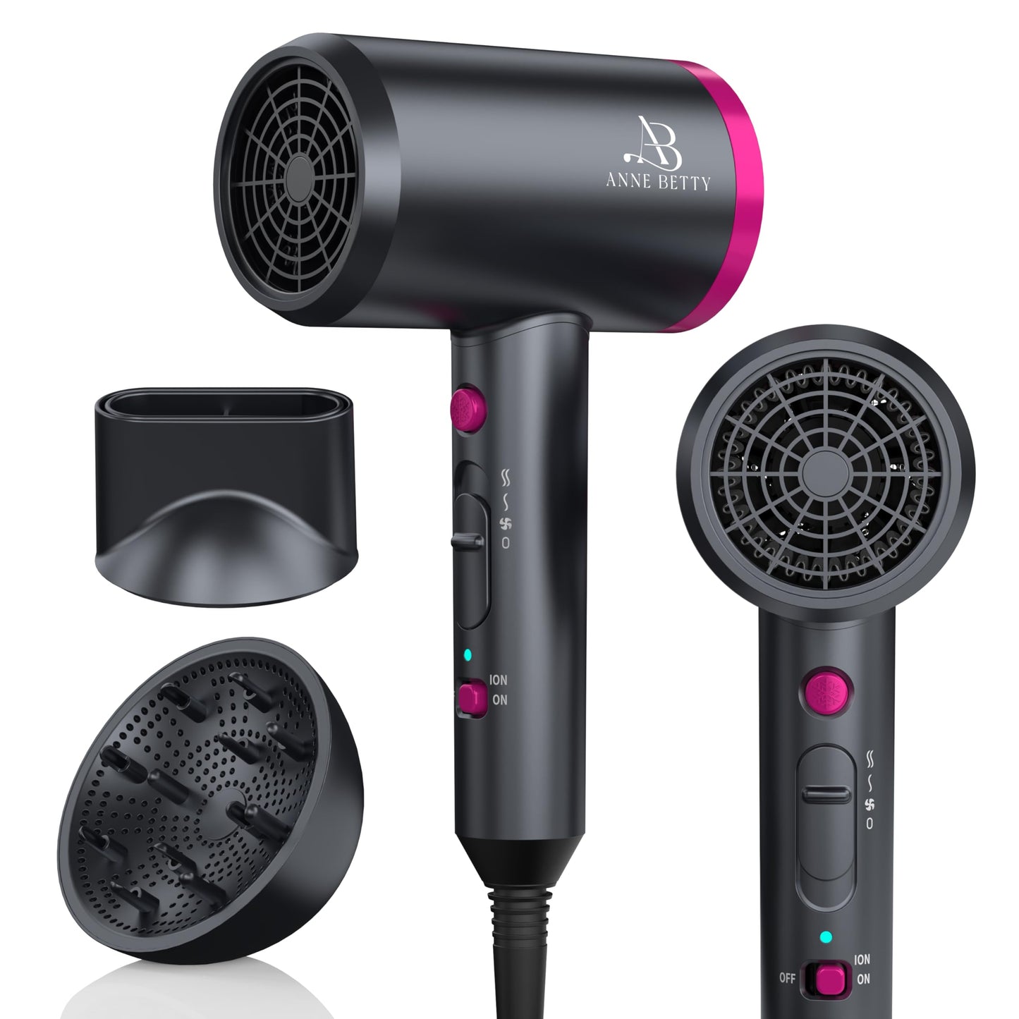 Hair Dryer with Diffuser for Curly Hair, 1800W Ionic Blow Dryer for Women & Men, Fast-Drying, Lightweight, Low Noise, Hair Care Styling Tool for Home, Travel
