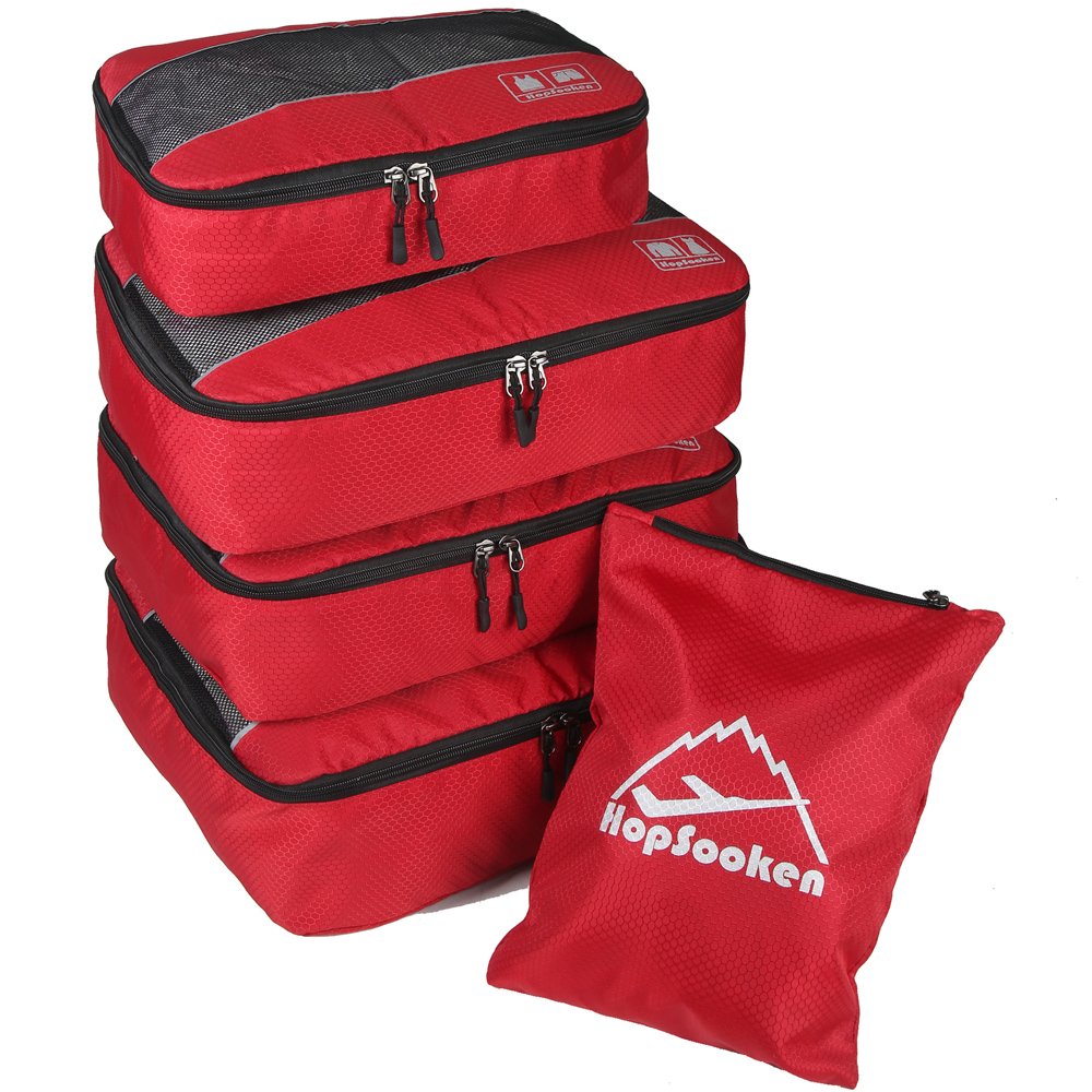 Hopsooken 5 Set Packing Cubes for Travel Large Suitcase Luggage Organizer Bags Travel Accessories Vacation 4 Cubes 1 Laundry Pouch Bag(Red)