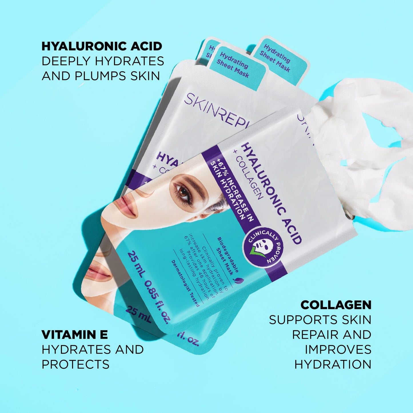Skin Republic Hyaluronic Acid + Collagen Sheet Mask. Clinically Proven to Provide 48-Hours of Long-Lasting Hydration. Made in Korea. 3 Pack.
