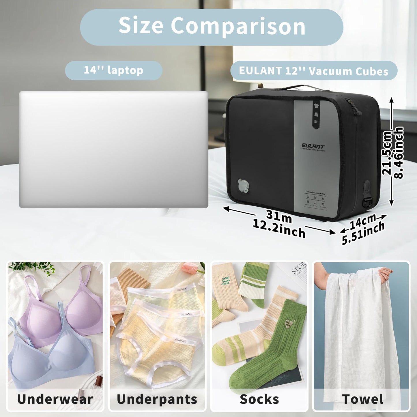 Reusable Compression Small Packing Cubes for Women Underclothes,Professional IP67 Vacuum Bags for Underwear,briefs,Socks etc.Packing Cubes for Suitcases Luggage for Travel Trip(12 inches,No Pump)