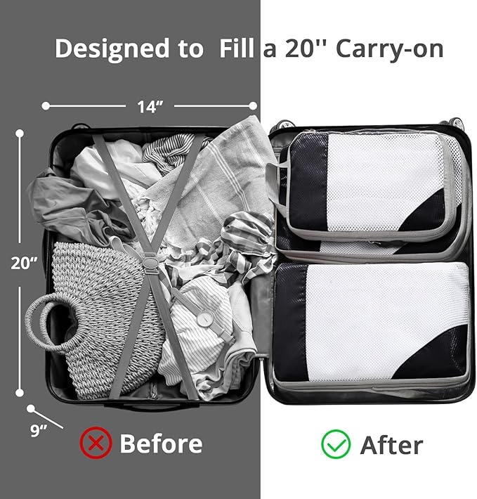 9 Set Compression Packing Cubes for Travel - Compressible, Lightweight, and Space-Saving Packing Cubes, Travel Essentials for Women, Black