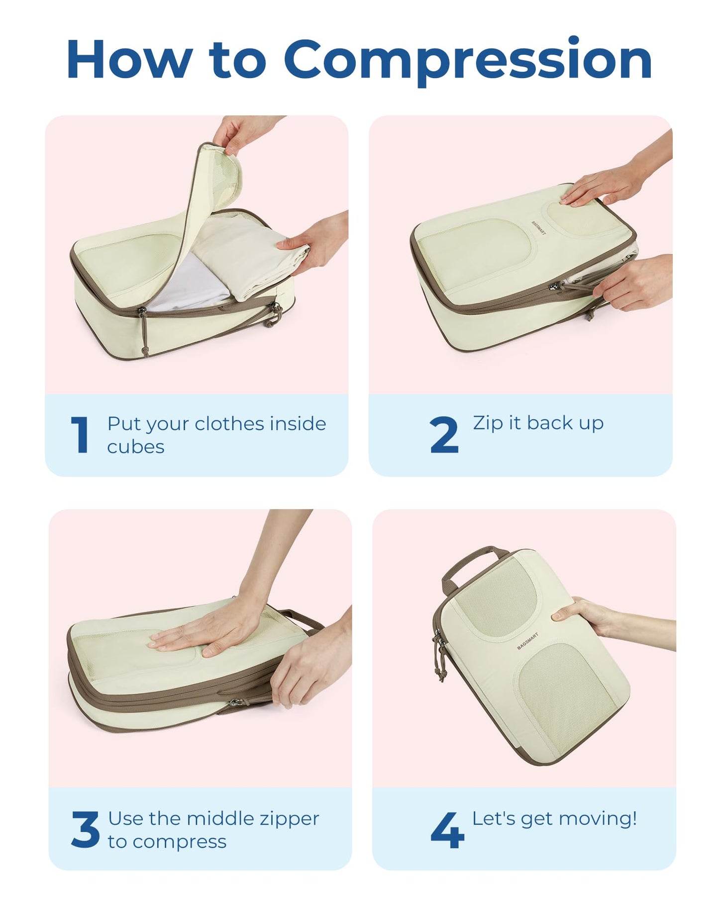 BAGSMART Compression Packing Cubes, 6 Set Packing Cubes for Suitcases, Lightweight Suitcases Organizers Bag Set & Compression Travel Cubes, Travel Essentials Packing Organizers White Opal