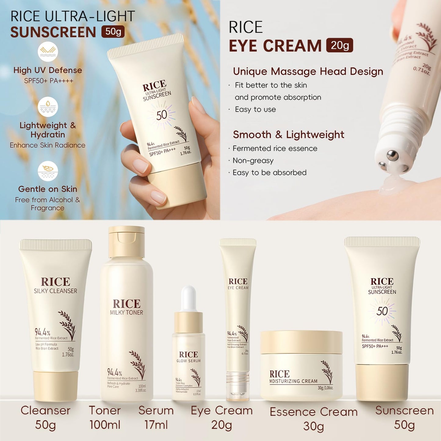 Rice Skincare Set for Teen Girl Gifts Birthday - Skin Care for Teens 10-12 - Hydrating Skin Care Routine Kit for Women - Gifts Birthday Facial Kit for Women - Skin Care Set with Cleanser,Serum