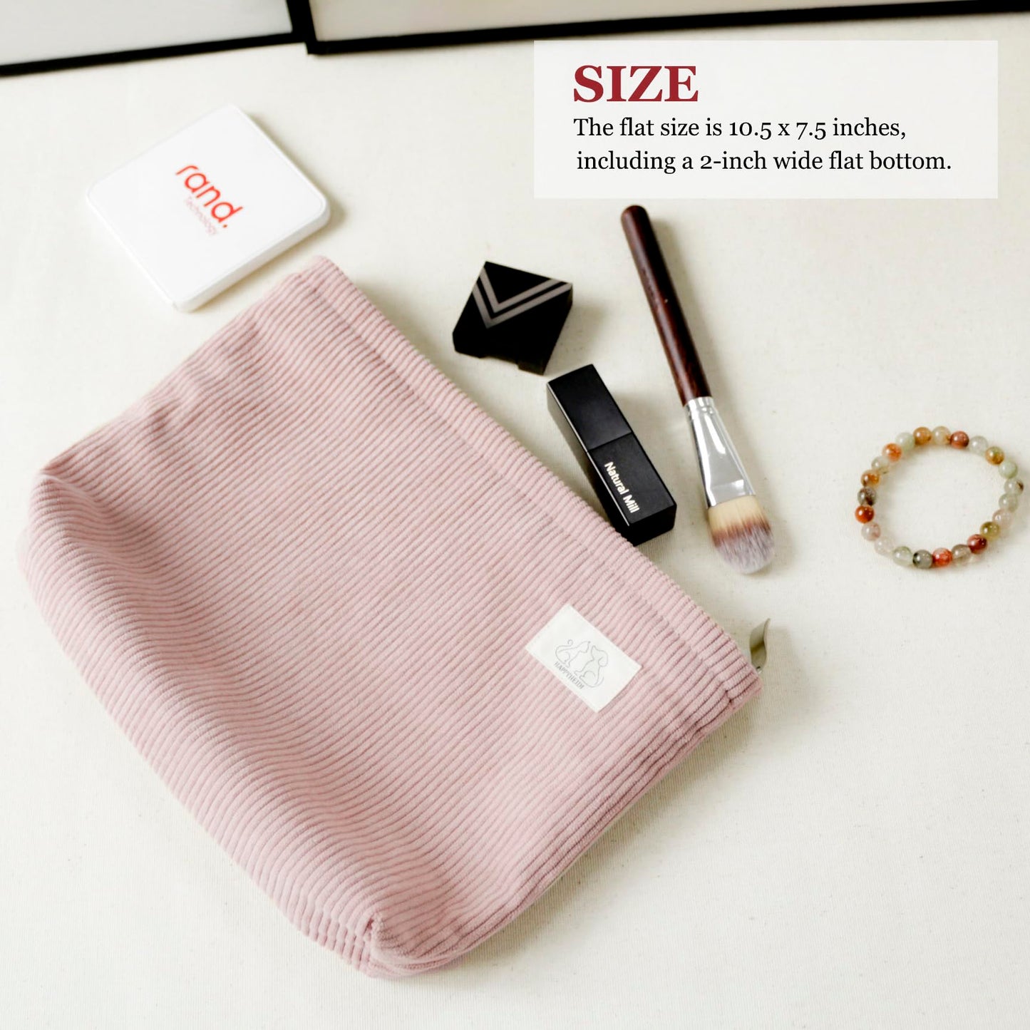 HAPPYHEIDI Large Corduroy Makeup Bag Compartment Cosmetic Toiletry Travel Accessory Pouch Purse Organizer, Soft Creamy Pink