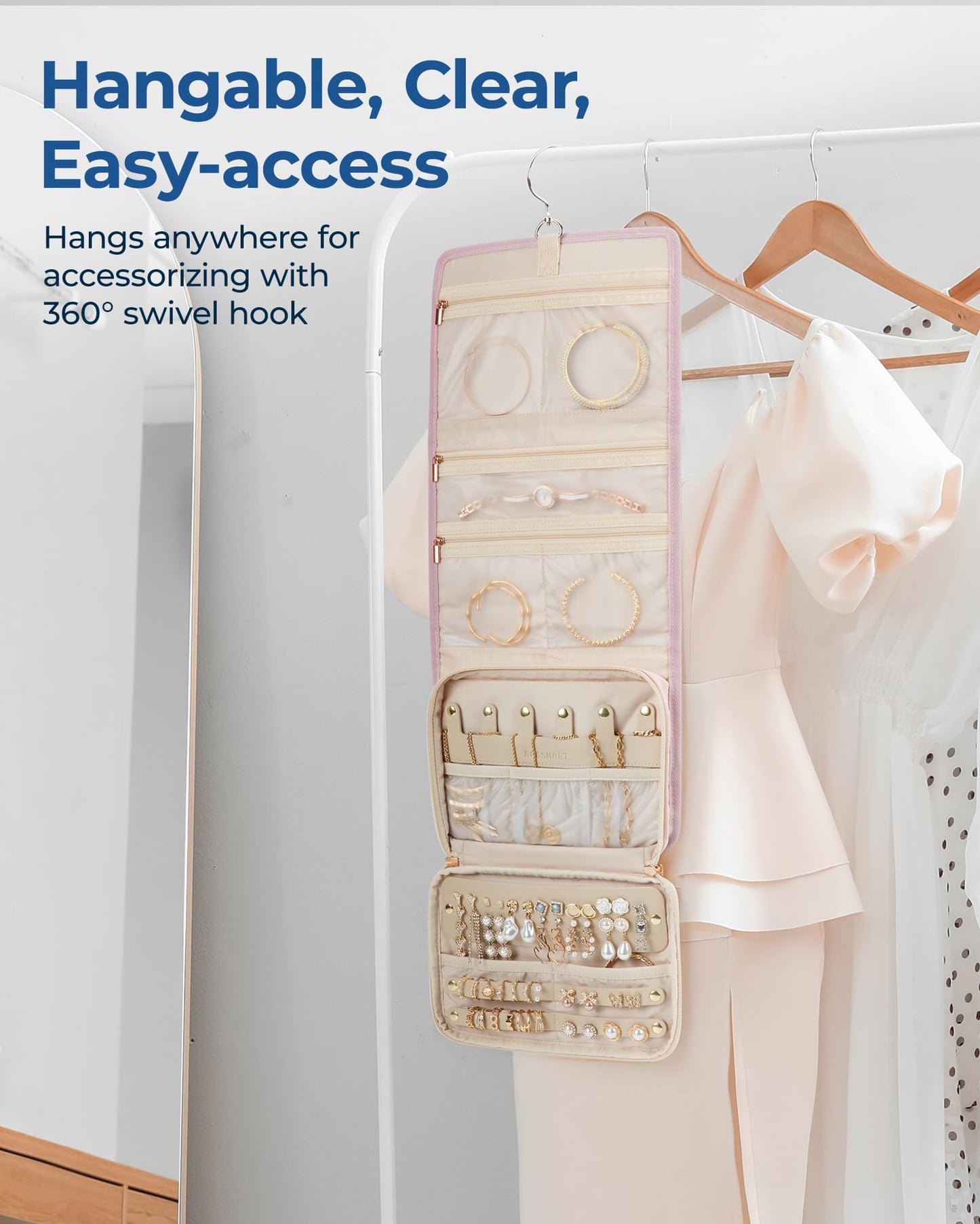 BAGSMART Travel Jewelry Case Organizer, Large Capacity Foldable Jewelry Roll for Journey - Rings, Necklaces, Earrings, Bracelets, Fashion Black