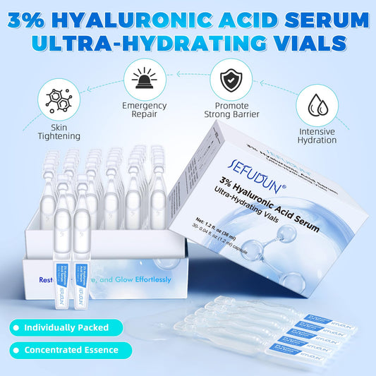 3% Hyaluronic Acid Serum for Face – Ultra Hydrating & Skin Renewal Serum with 4D Hyaluronic Acid, 30 Disposable Vials (1.2ml Each) – Pre-Makeup, Age-Defying, for Dry & Sensitive Skin