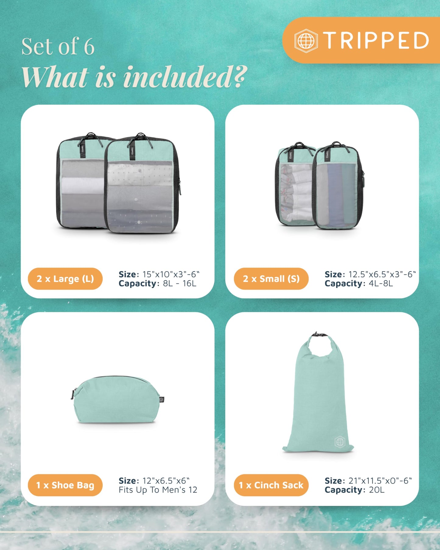 Premium Compression Packing Cubes for Travel, Compression Packaging Cube, Zip Bags Premium 6-Piece Set with laundry bag and shoe bag by TRIPPED Travel Gear (Dusty Teal Mesh)