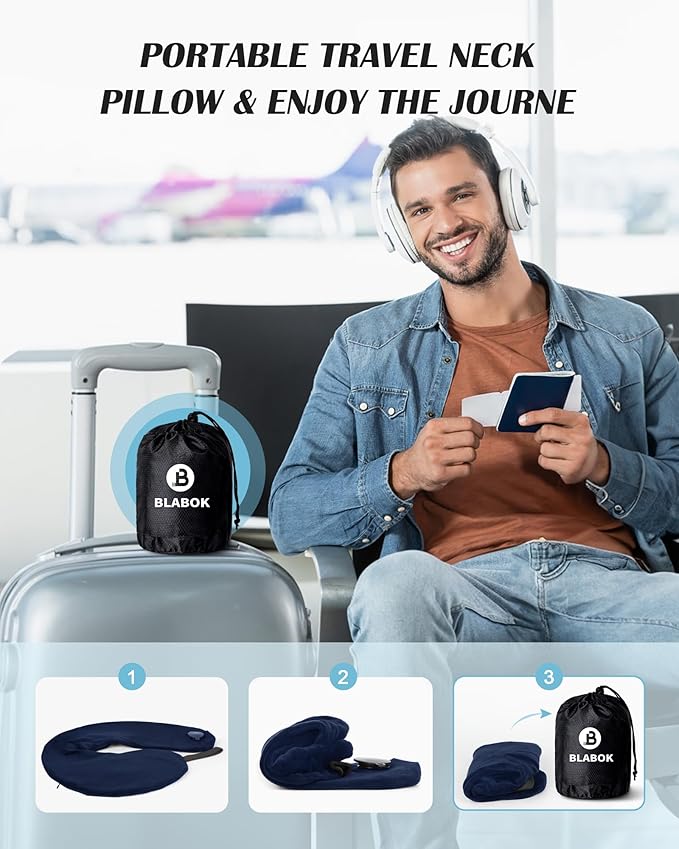 Inflatable Neck Pillow for Travel, Travel Pillow Support Head and Neck, Travel Neck Pillow for Airplane,Train,Car,Office,Home,Washable Cover (Blue)