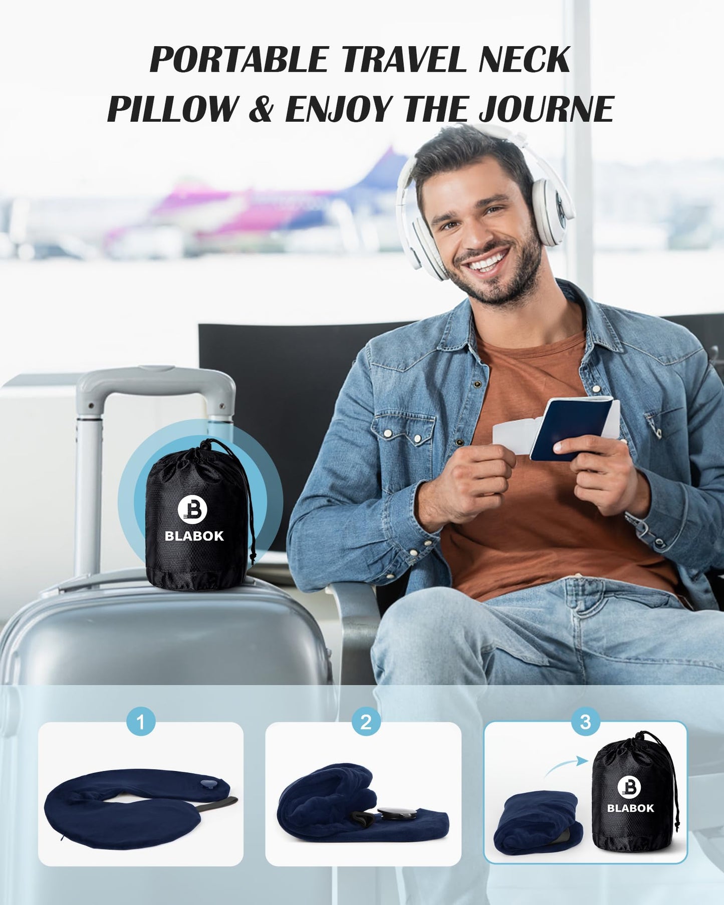 Inflatable Neck Pillow for Travel, Travel Pillow Support Head and Neck, Travel Neck Pillow for Airplane,Train,Car,Office,Home,Washable Cover (Blue)