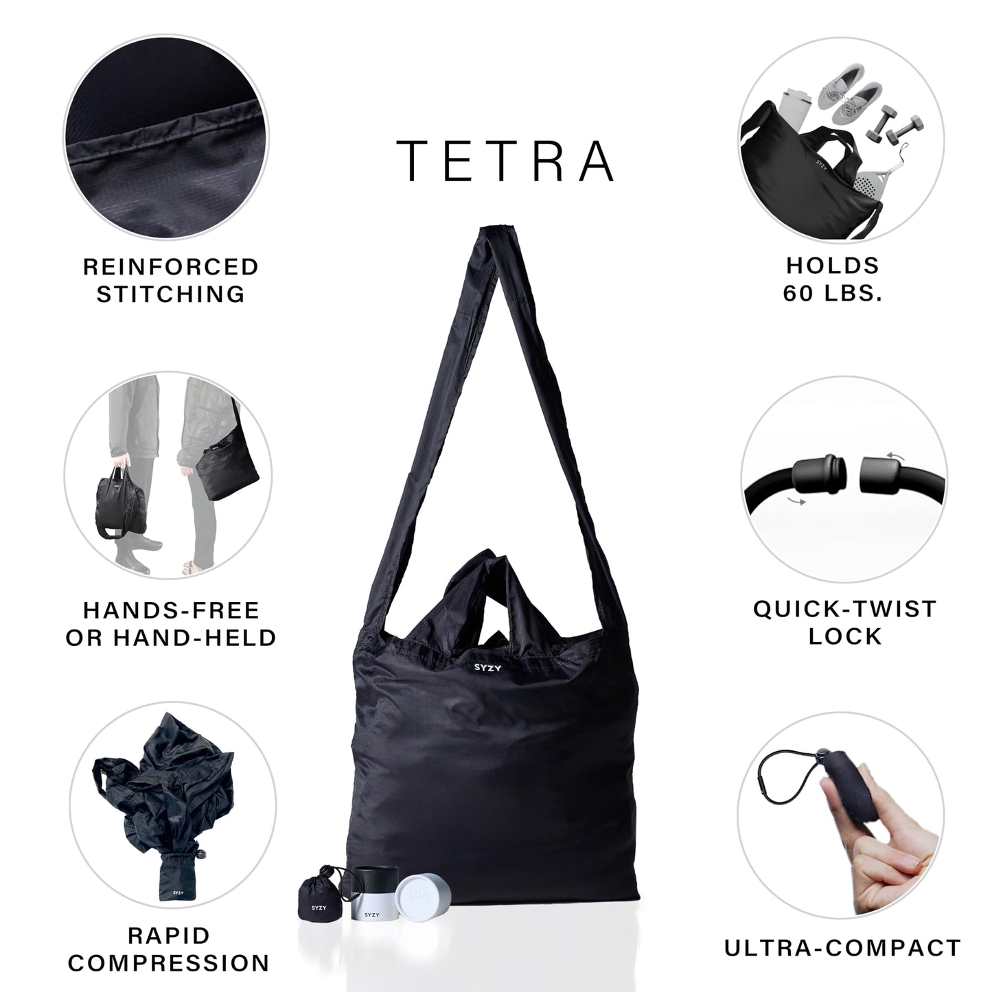 SYZY Crossbody Packable Travel Tote Bag - Portable Nylon Shopping Beach Market Bag - Reusable Collapsible Stuffable Pouch (Black)