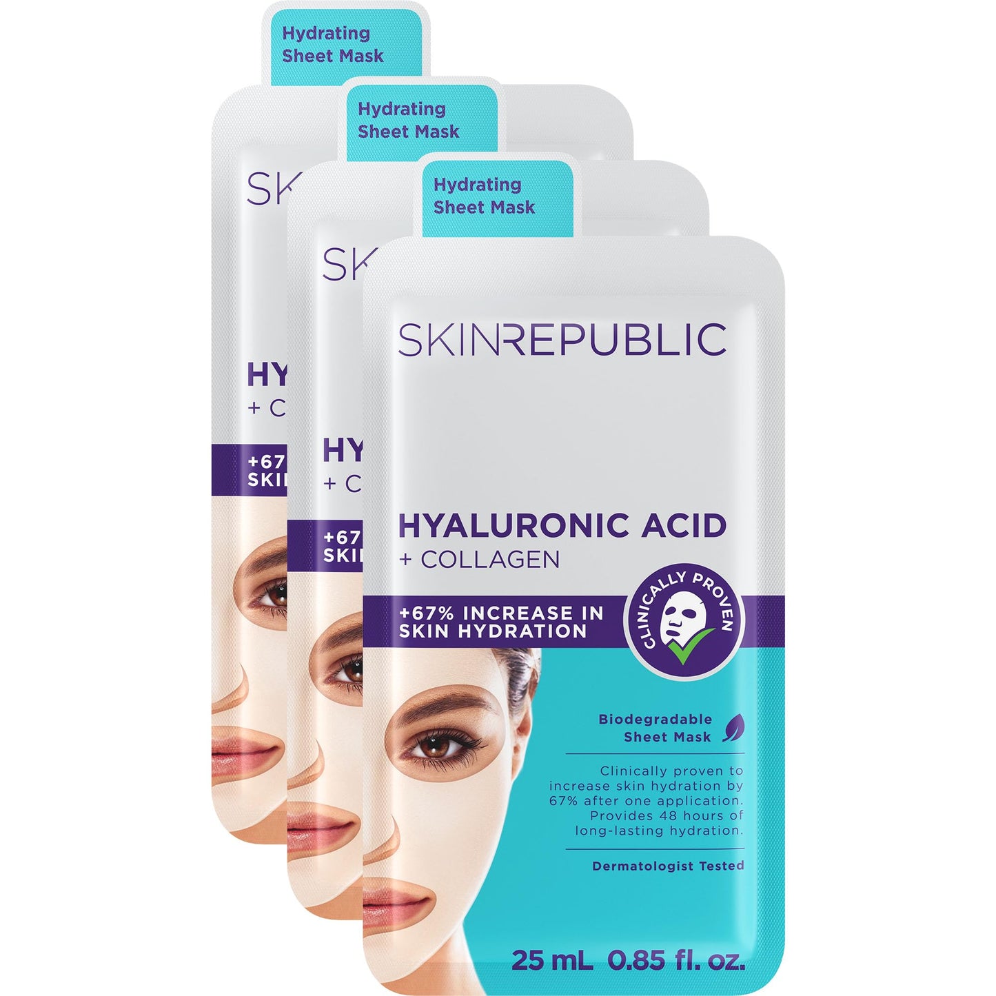 Skin Republic Hyaluronic Acid + Collagen Sheet Mask. Clinically Proven to Provide 48-Hours of Long-Lasting Hydration. Made in Korea. 3 Pack.