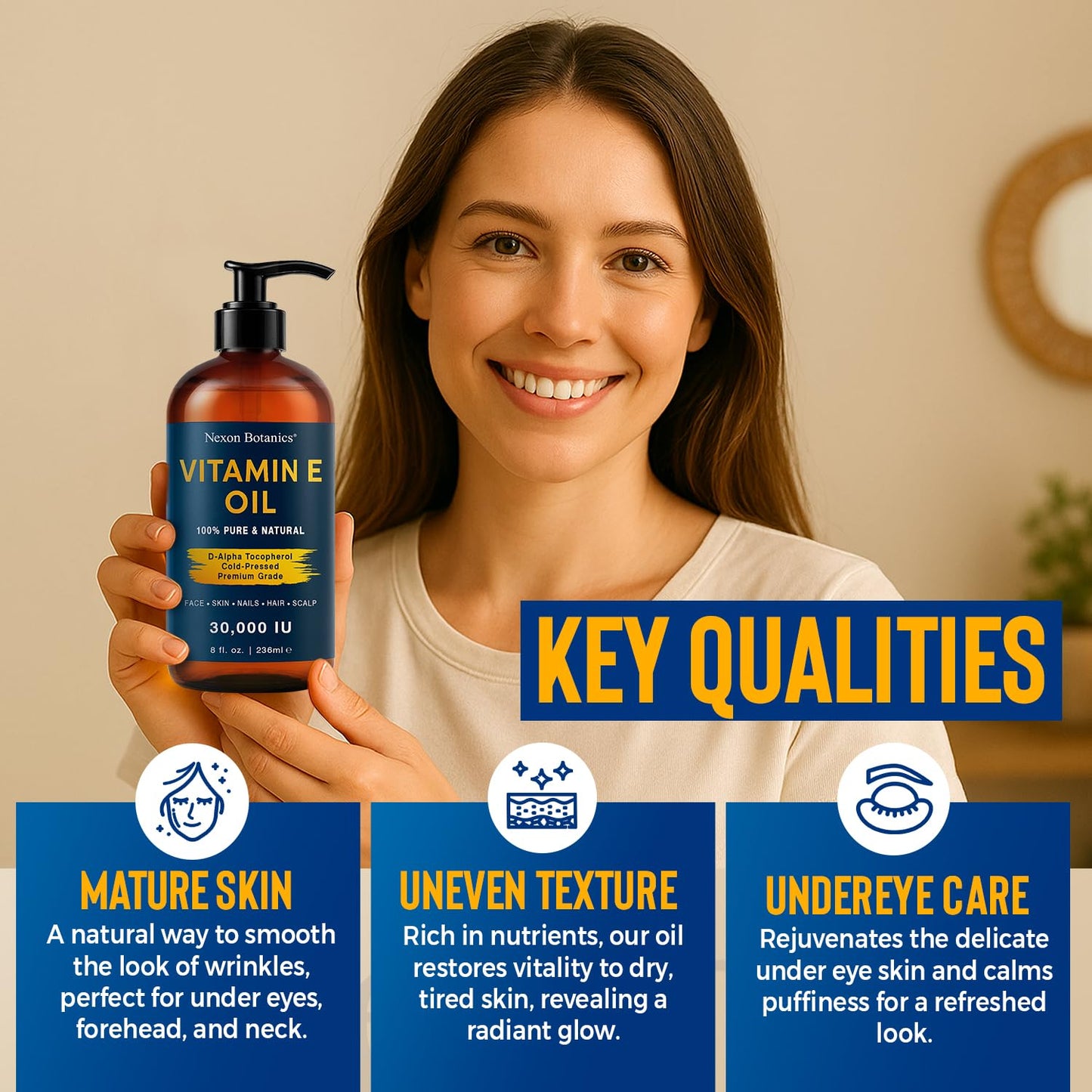 Pure Vitamin E Oil 30,000 IU, 8 fl oz - Cold-Pressed, Hexane Free, Natural Moisturizer for Skin & Face - Supports Scar & Stretch Mark Care by Nexon Botanics