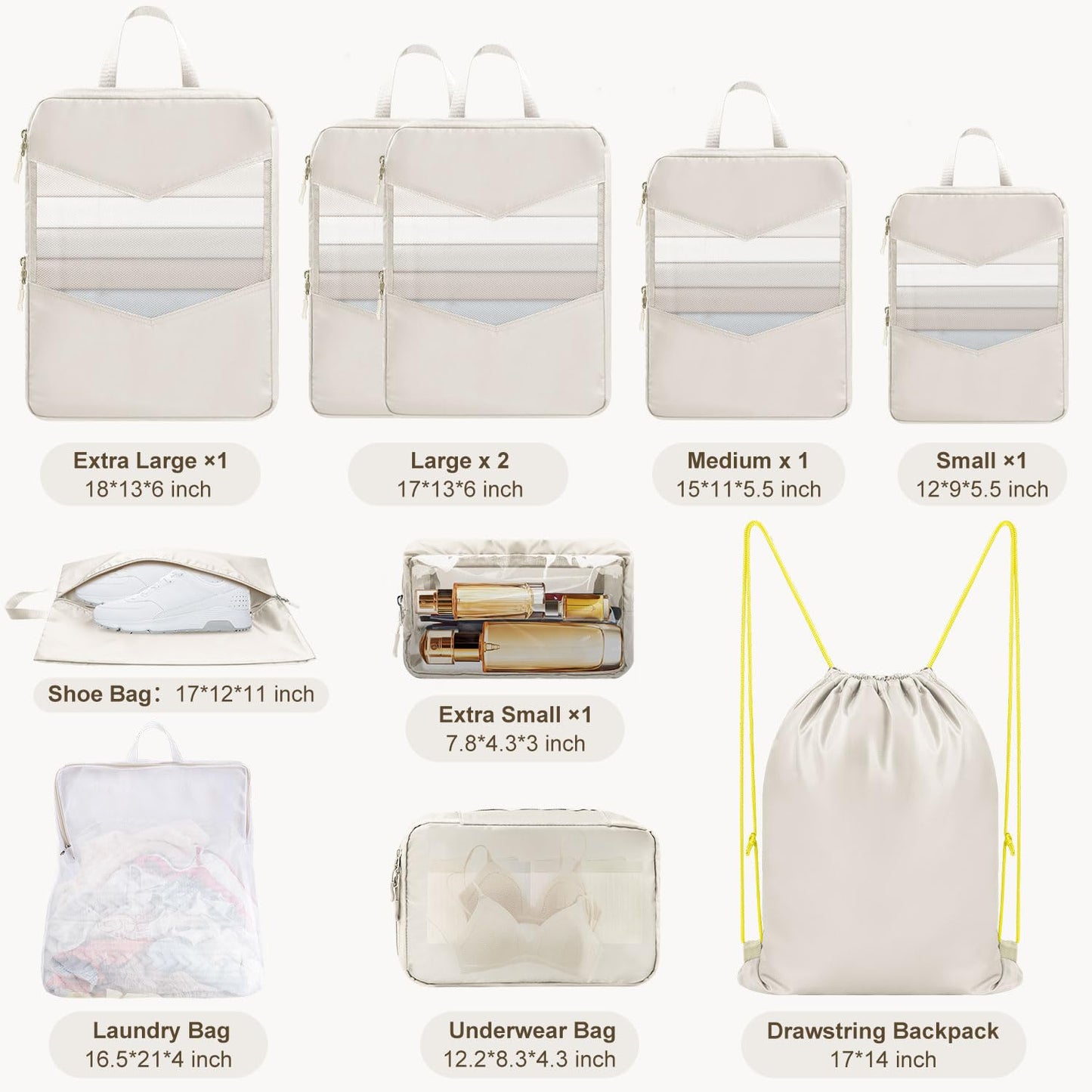 10 Set Compression Packing Cubes for Travel, Suitcase Organizer Bags Set for Travel Accessories, Lightweight Essentials, Beige