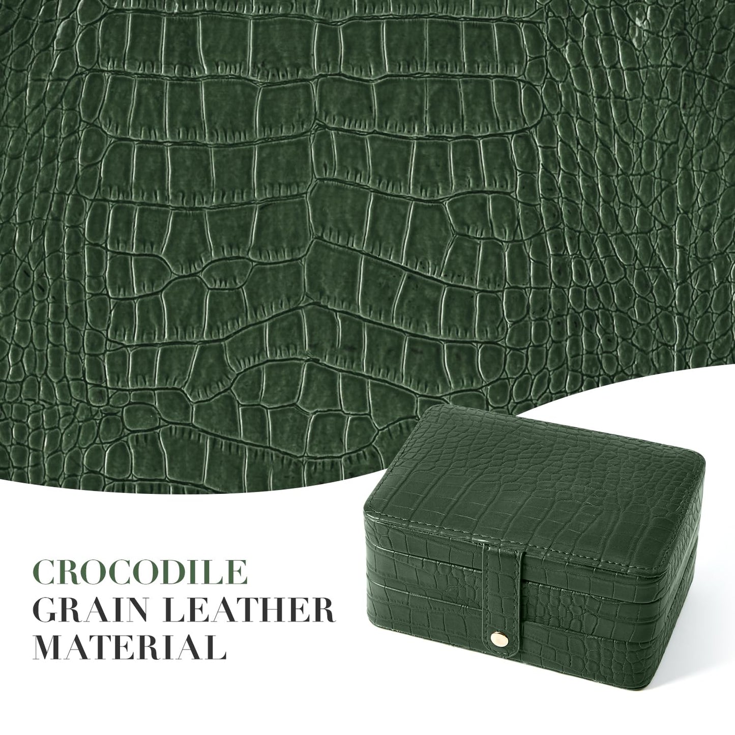 BUTI4WLD PU Leather Travel Jewelry Organizer Case for Women & Girls, 2-Layer Portable Jewelry Box for Earrings, Rings, Necklaces, Bracelets, Compact Jewelry Storage (Green)