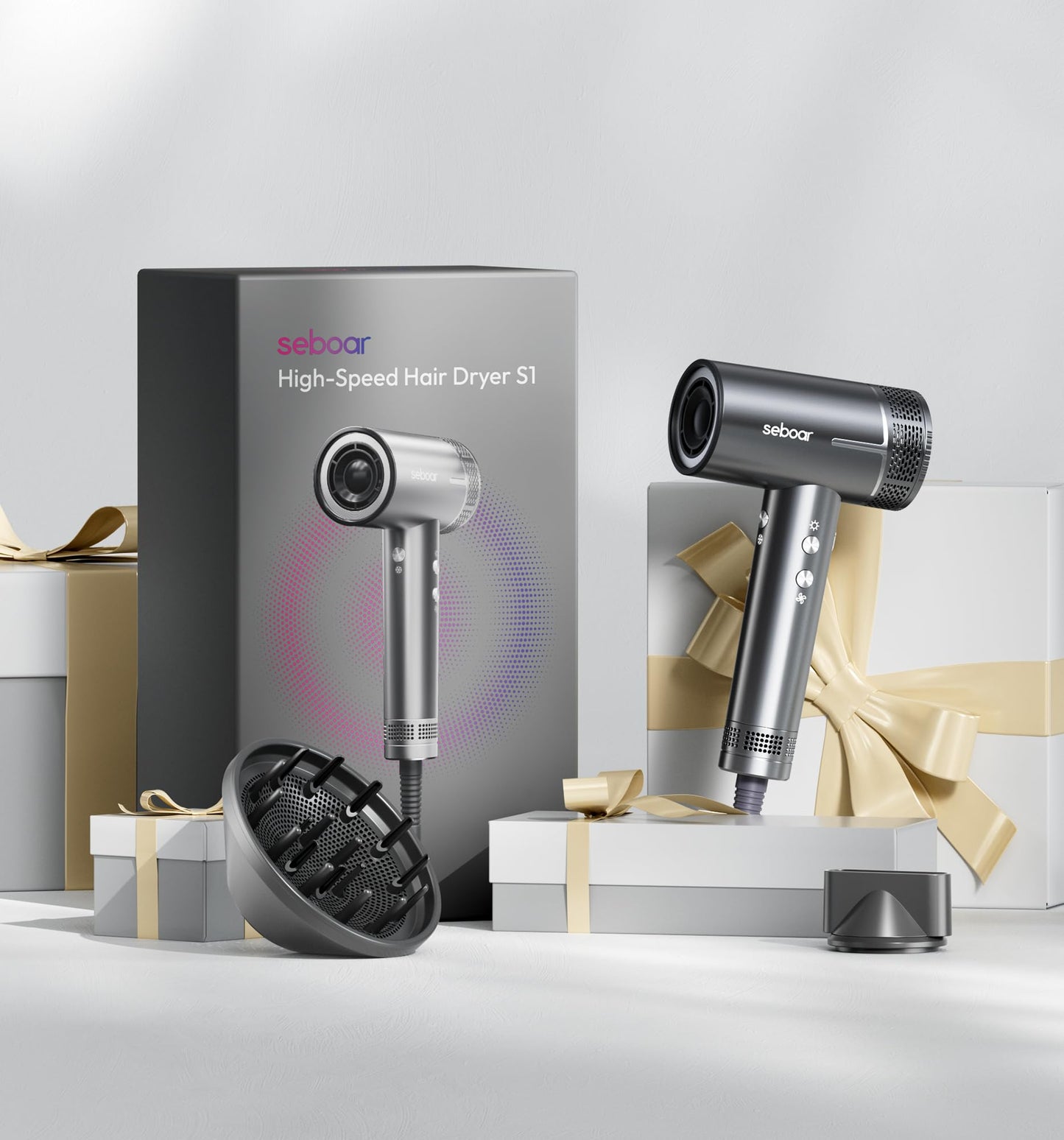 seboar High-Speed Ionic Hair Dryer with Diffuser, Professional LCD Display Thermo-Control Blow Dryer, 1500W Fast Dry, 500 Million Negative Hairdryer, Low Noise, Lightweight for Travel Home Salon