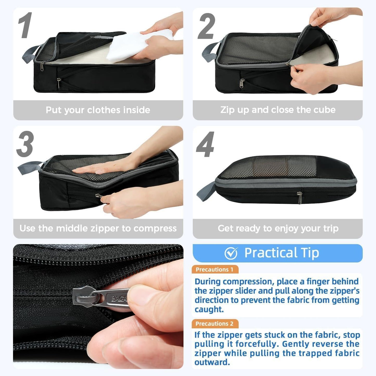 BAGAIL 4 Set/6 Set/8 Set Compression Packing Cubes Travel Accessories Expandable Packing Organizers (Half Mesh, 6-Black)