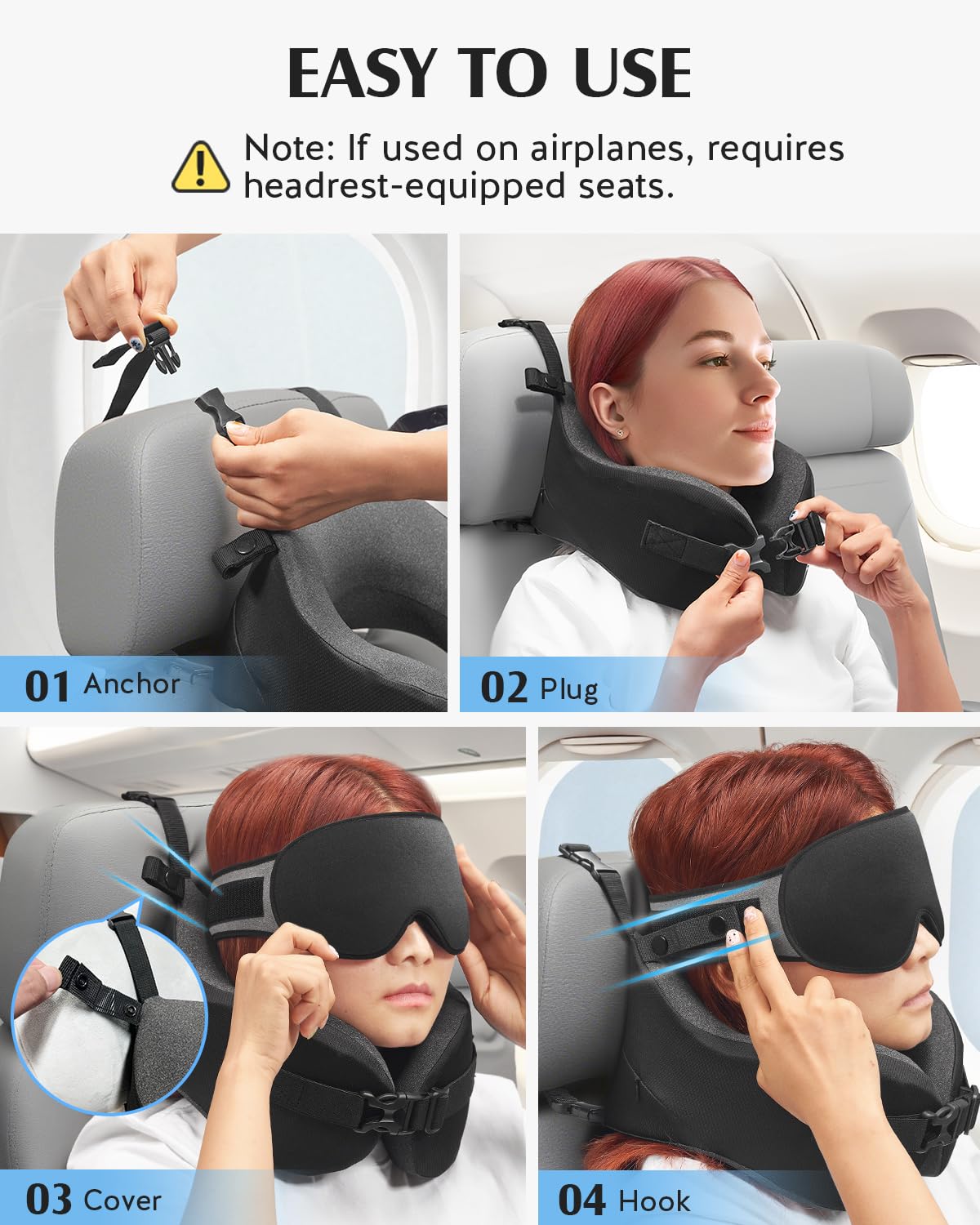 YFONG Travel Pillow for Long Flight Airplanes, Head Strap Combo with 3D Contoured Eye Mask for Sleep, Neck Pillow for Car Trip Essential, 360° Support Memory Foam Headrest, Prevent Head Bobbing, Black