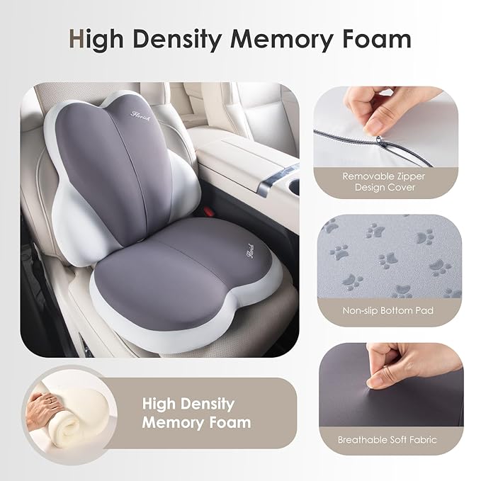 FLORICH Car Seat Cushion and Back Support for Car Ultrathick Memory Foam Office Chair Cushions with Lumbar Support Pillow for Sciatica & Back & Tailbone Pain Relief (Grey)