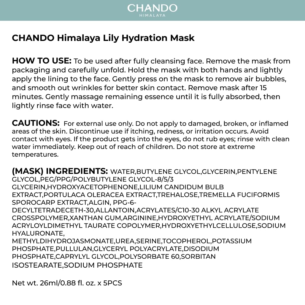 CHANDO HIMALAYA Lily Hydration Sheet Mask (26mlx5PCS) - Deeply Moisturizing Mask with Lilium Candodum Bulb Extract & Portulaca Oleracea Extract for All Skin Types