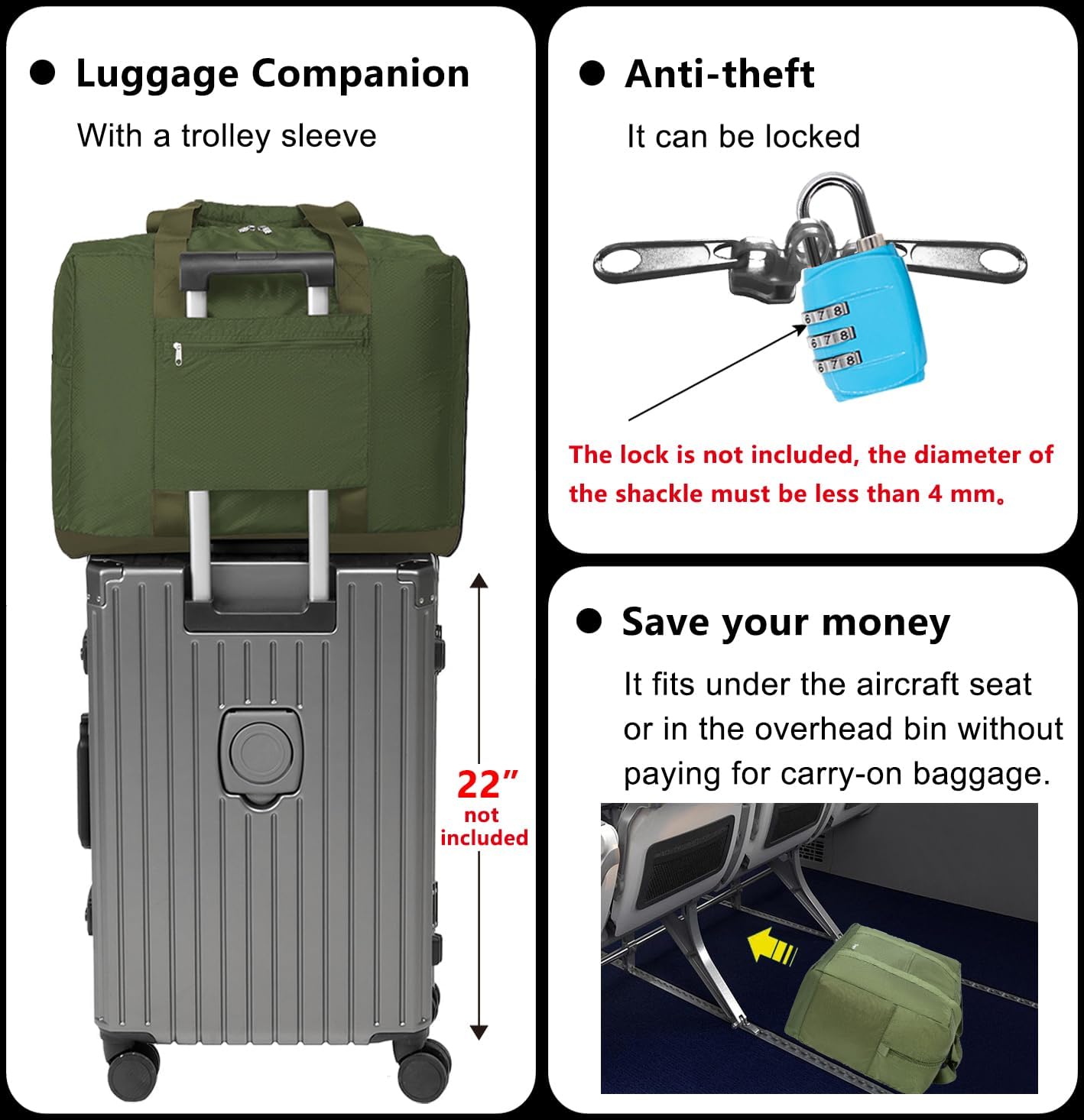 Vimapo Foldable Travel Duffle Bag with Trolley Sleeve 40L - 18x14x8 inches Airline Underseat Lightweight Travel Bag - Packable Ripstop Nylon Carry on Bag (Army Green)