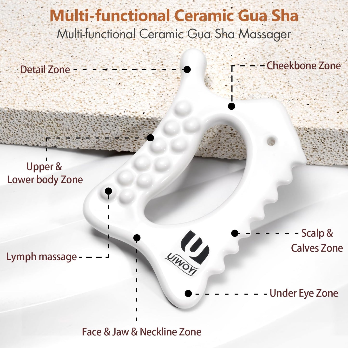 6-in-1 Ceramic Gua Sha Tool for Face & Body - Manual Facial Massage for Lymphatic Drainage, Jaw Lifting, Neck Massage, Puffiness Care for Stress Relief at Home, Self Care Gift for Mum Wife