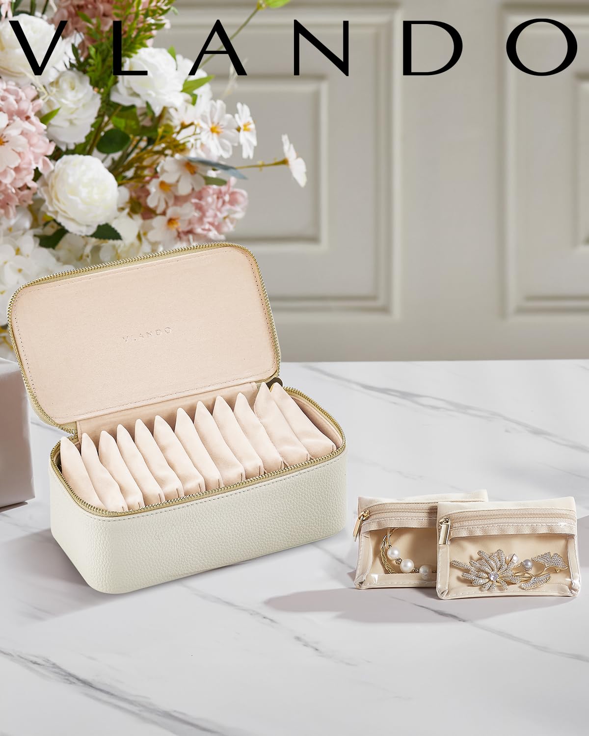 Vlando Travel Jewelry Case,Jewelry Box with 12 Velvet Jewelry Pouch Jewelry Travel Organizer for Women Girl Jewelry Case Necklace Rings Earrings Bags Wedding Gifts (White)