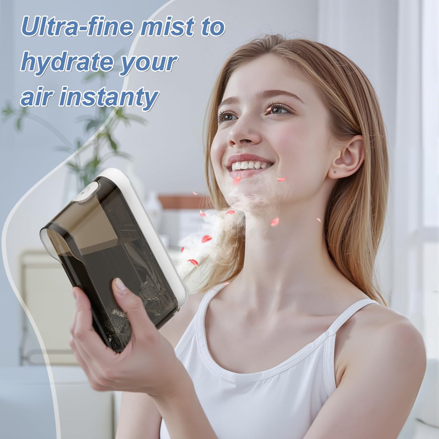 MEIIS Desk Fan, Small Quiet Table Fan with Humidifier, 14 Inch Portable Bladeless Fan with 9 Speed Adjustment, 2 Modes, 5000mAh Battery, 60° Oscillating Mini Fan for Bedroom Office Living Room Dorm