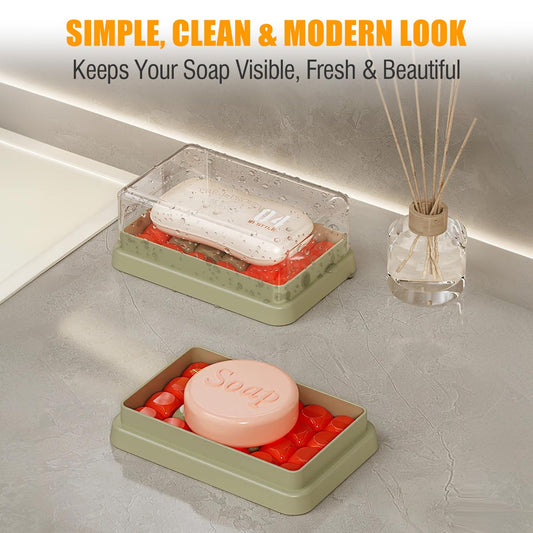 AIMAIAIMAI Minimalist Shampoo Bar Holder with Drain Tray, Compatible with Dr Squatch & Duke Cannon Large Soap, Double Layer Clear Solid Shampoo Bar Container with Lid