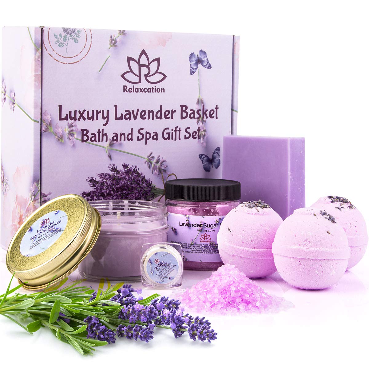 Gift Basket for Women Organic Lavender Gift Set, Bath and Body at Home, Spa Kit, Soy Wax Candle, Natural Oil Bath Salt, 3 Bath Bombs, Soap Bar, Body Sugar Scrub, for Mom, Girls - Made in USA