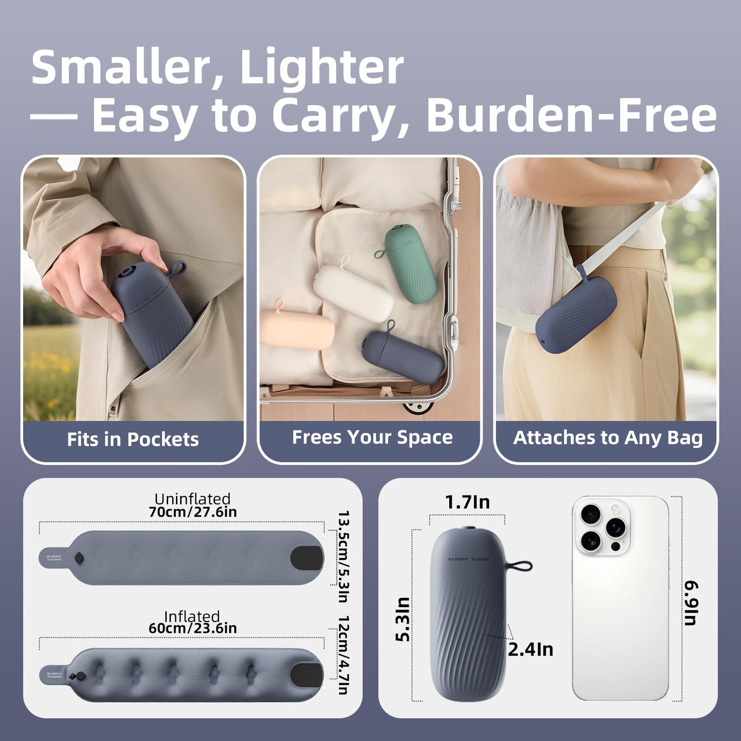 EVERY THINK Inflatable Travel Pillow - Travel Pillow for Long Flight, Inflatable Neck Pillow for Traveling, Pocket Blow Up Pillow for Airplane, Bus, Train, Car, Office, Home (Navy Blue)