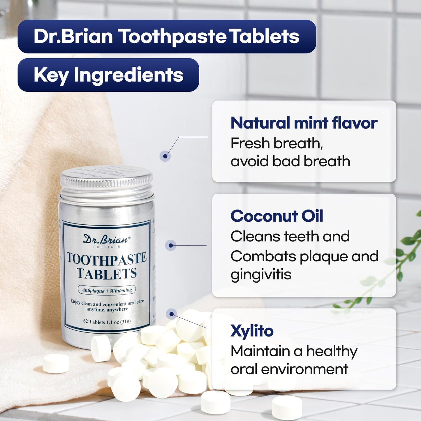 DR.BRIAN ROETTGER Toothpaste Tablets - Nano Hydroxyapatite Natural Whitening, Fluoride & Plastic Free, Eco-Friendly Travel Toothpaste Reduce Sensitivity, Remineralize (Mint, 62 Count)