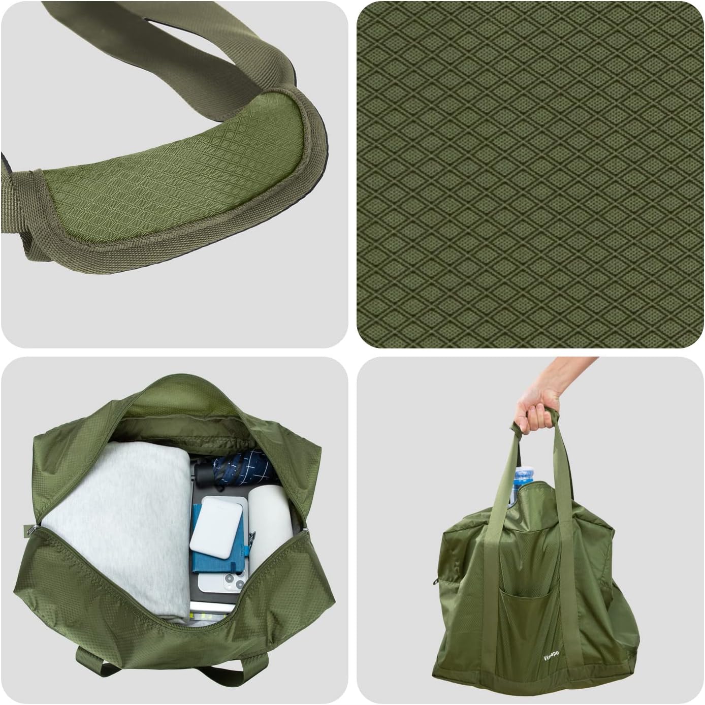 Vimapo Foldable Travel Duffle Bag with Trolley Sleeve 40L - 18x14x8 inches Airline Underseat Lightweight Travel Bag - Packable Ripstop Nylon Carry on Bag (Army Green)