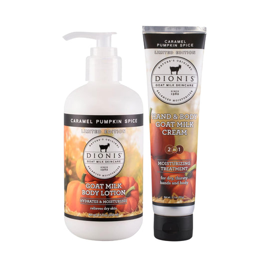 Dionis Goat Milk Caramel Pumpkin Spice Hand Cream 3.3oz & Body Lotion 8.5oz Limited Edition Fall Bundle - Hydrating Travel Set, Moisturizing Skincare Gift, Cruelty-Free, Paraben Free, Made in the USA