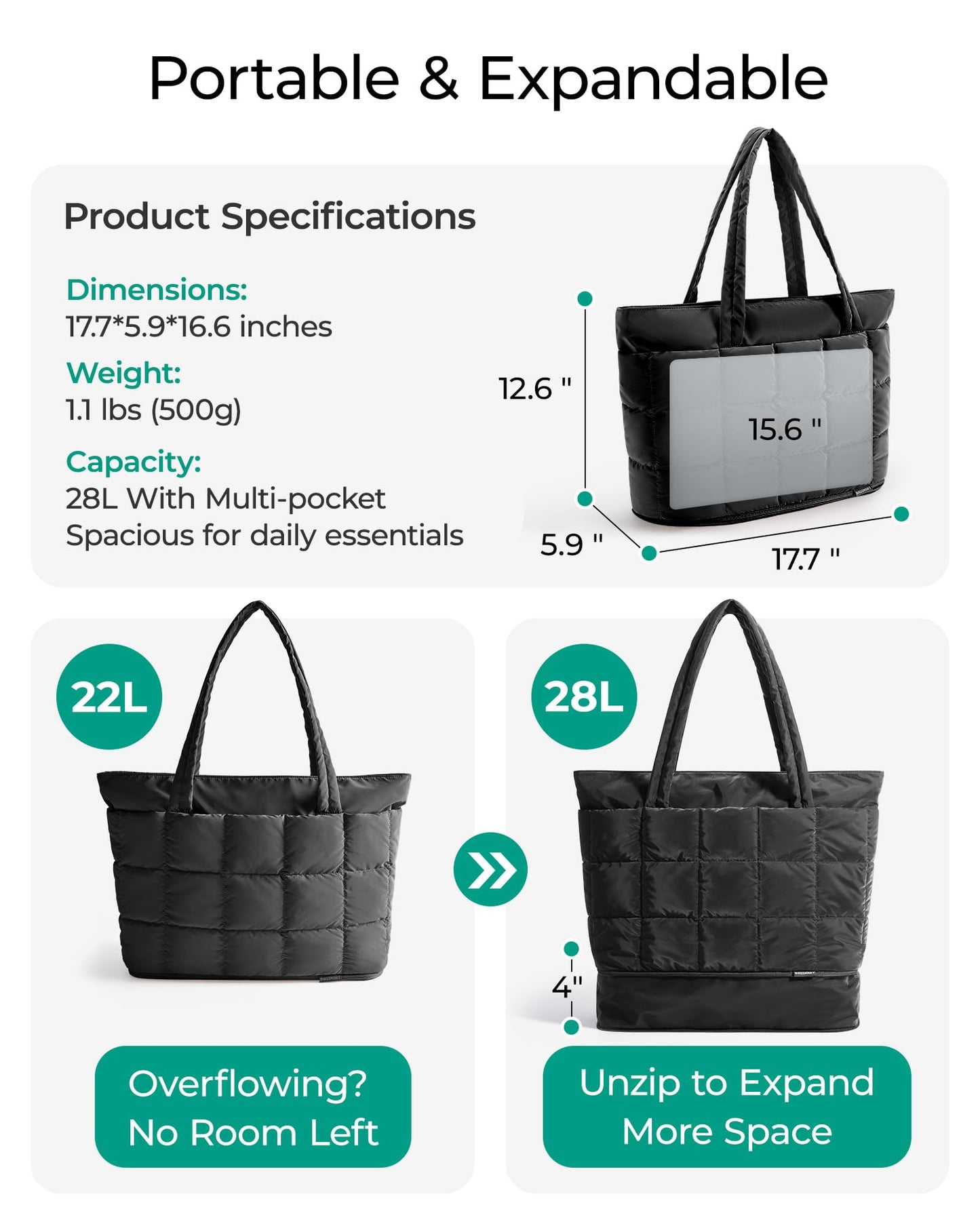 BAGSMART Expandable Tote Bag for Women, Zippered Puffer Design with Water-Resistant Quilted, Nurse and Carry-On Travel Bag, Black