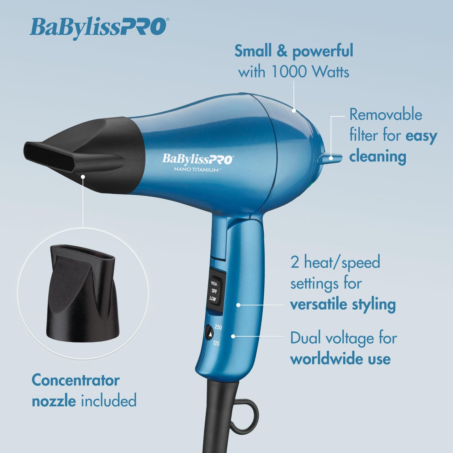 BaBylissPRO Nano Titanium Travel Dryer, Blue