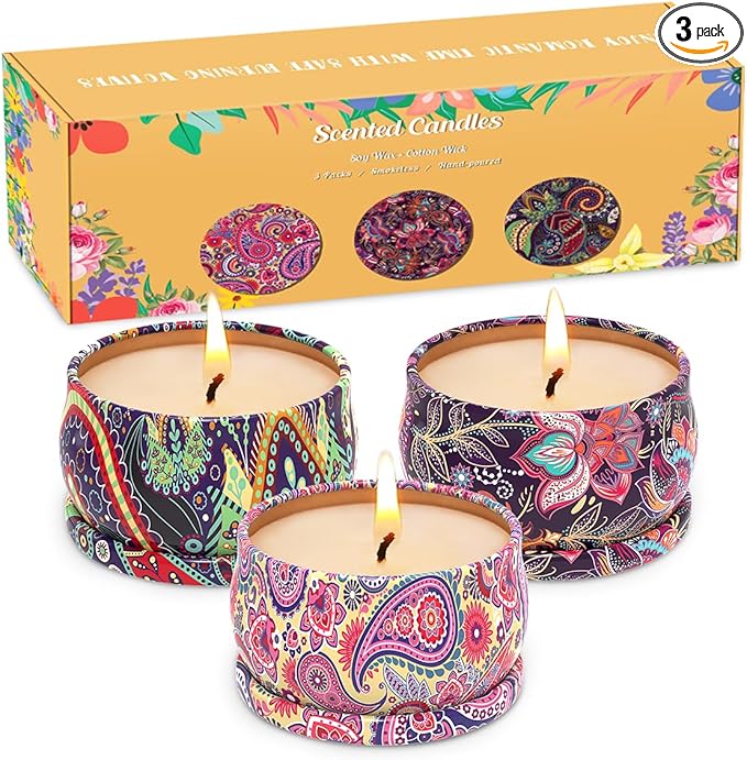 Scented Candles Gift Set for Christmas Thanksgiving, 3 Packs Natural Soy Wax Portable Travel Tin Candle, Bohemia Aromatherapy Gift Basket for Friends Classmates Colleagues