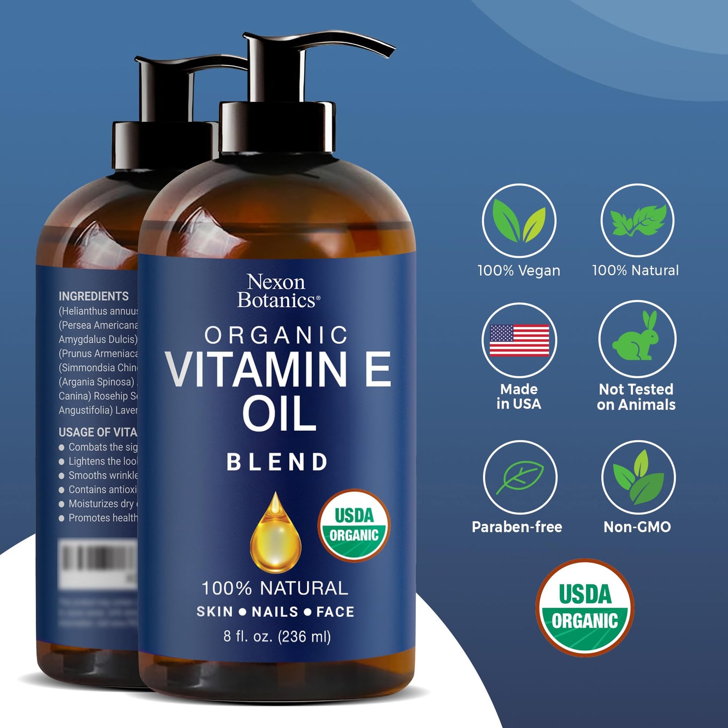 Organic Vitamin E Oil Blend 8 fl oz - Made from Pure, Natural Oils for Skin, Scars & Face - Aceite de Vitamina E - Nexon Botanics