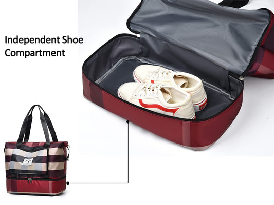 NWLR New Foldable Dry/Wet Separation Travel Duffel Bag with Shoe Compartment Large Capacity Folding Weekender Overnight Bag Lightweight Waterproof Gym Tote Bag (F-Khaki)