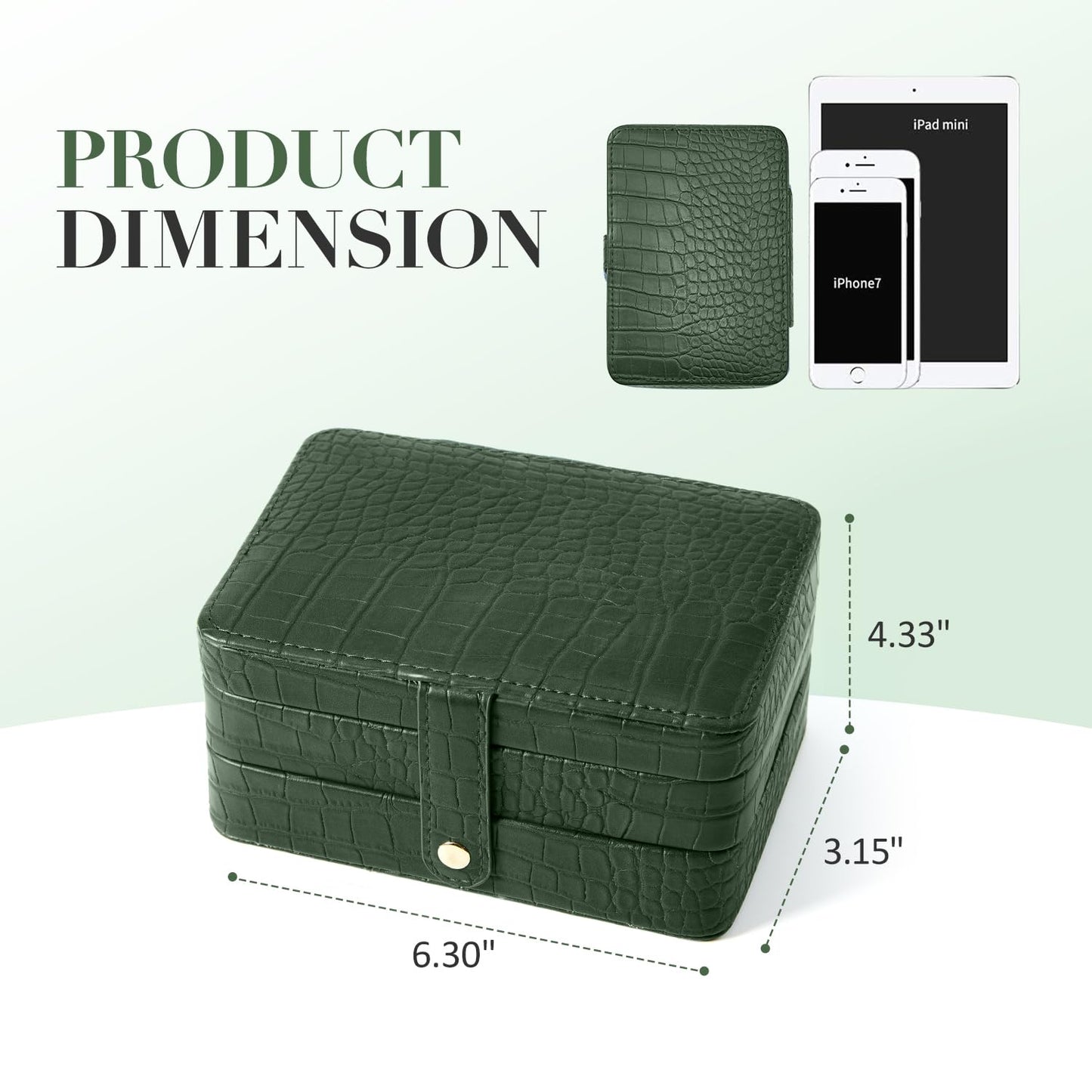 BUTI4WLD PU Leather Travel Jewelry Organizer Case for Women & Girls, 2-Layer Portable Jewelry Box for Earrings, Rings, Necklaces, Bracelets, Compact Jewelry Storage (Green)